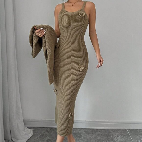 Coffee Brown Casual Women's Floral Camisole Sweater Dress And Cardigan Set - Picture 4 of 6